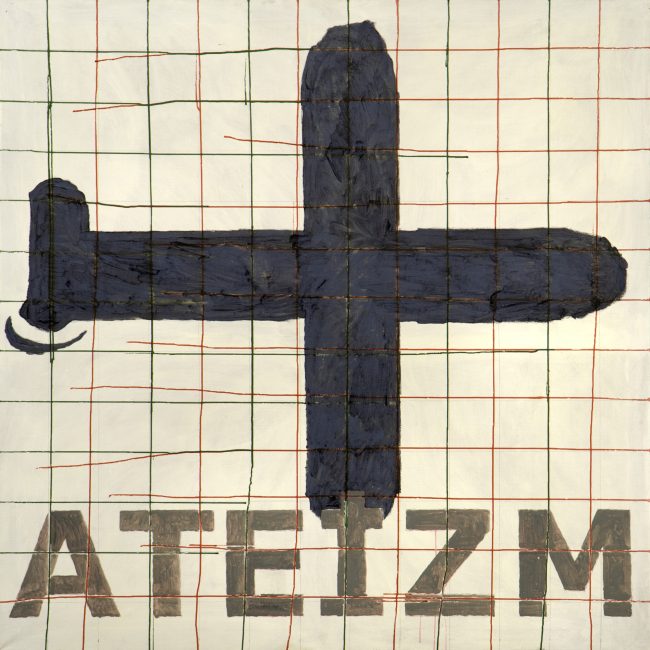 Ateizm-Samolot-Krzyż [Ulica Smoleńsk], 2016, 130 x 130 cm, tempera jajowa na płótnie